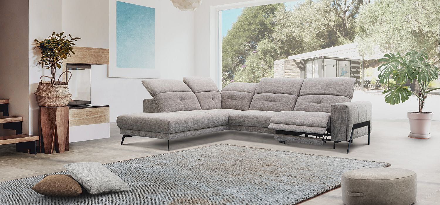 Modèle Ergon de Poldem, salon de coin en tissu beige